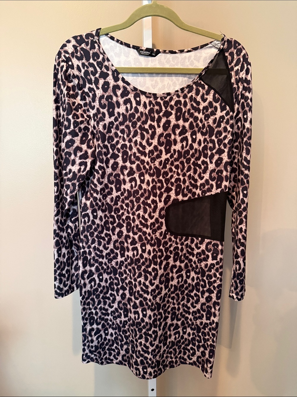 Leopard Print Long Sleeve Shift Dress with Black Mesh Insets